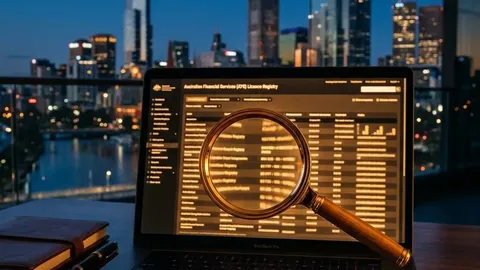 A magnifying glass over an abstract investment register on a laptop with Australian city buildings behind