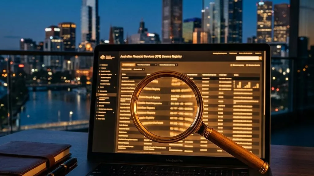 A magnifying glass over an abstract investment register on a laptop with Australian city buildings behind