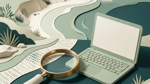 A magnifying lens over a paper investment register and ceramic Australian buildings