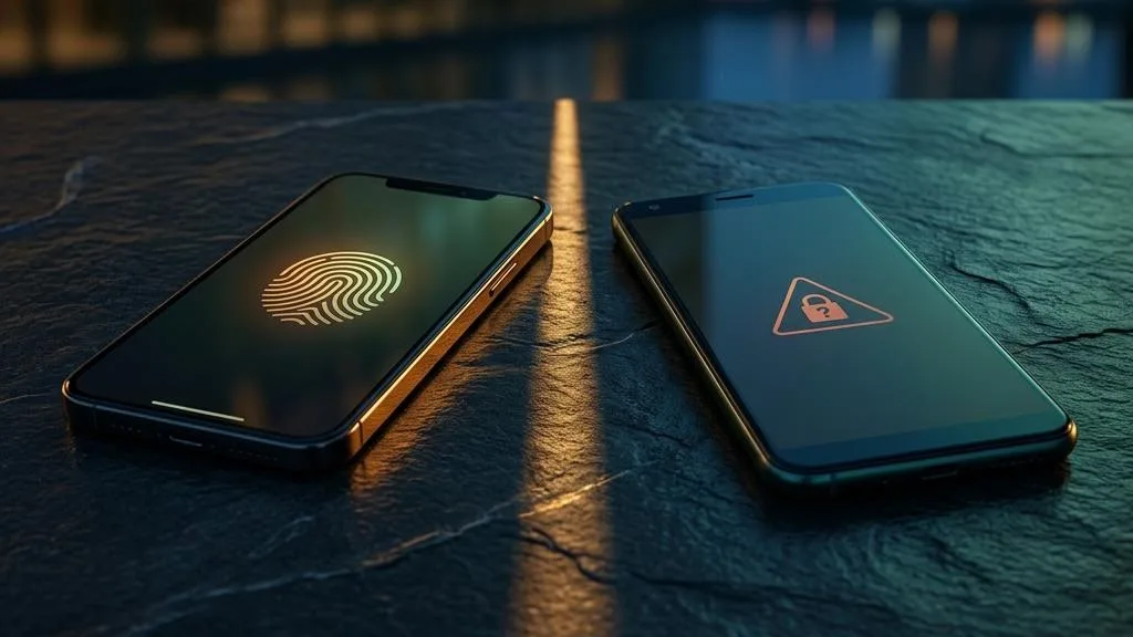 Two phones showing a fingerprint confirmation symbol and a warning symbol