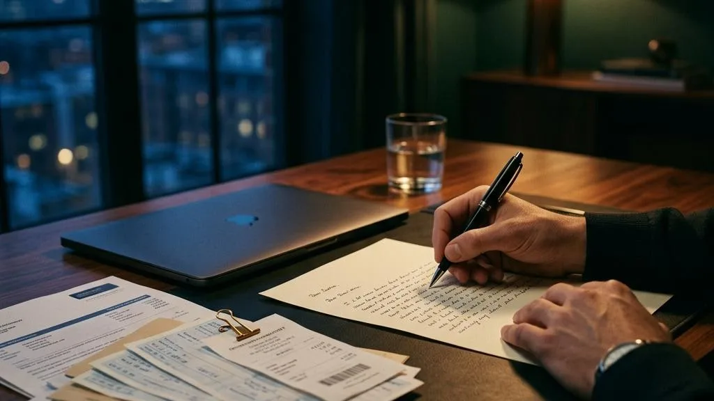 A hand writing a complaint letter beside bank receipts and a laptop