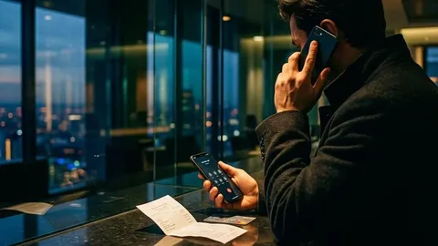 A person holding a phone and a transfer receipt at a bank counter