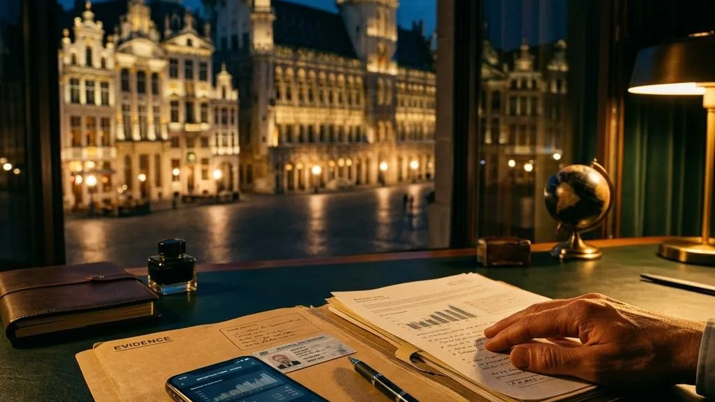 An evidence folder and smartphone with Brussels architecture in blue-hour light