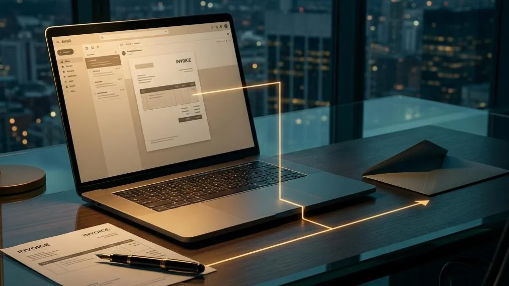 A laptop and paper invoice with an amber light path diverted toward a shadowed envelope