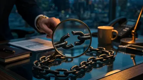 A magnifying glass examining a broken metal chain in amber light on a dark desk