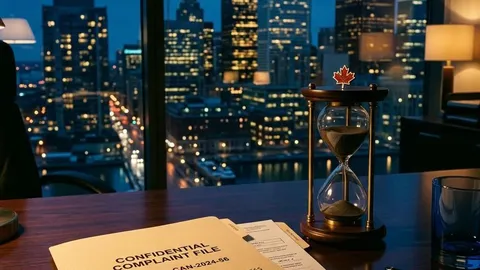 A complaint folder and hourglass overlooking Canadian financial buildings at dusk