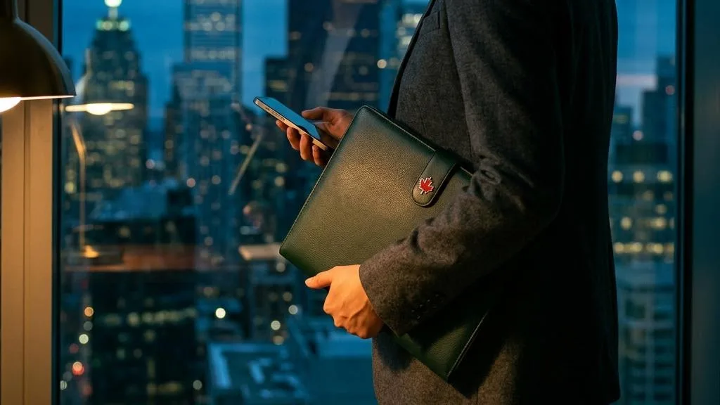 A phone and report folder with a maple leaf pin overlooking Toronto at blue hour