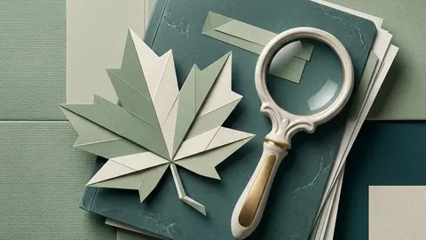 A paper maple leaf beside a magnifying lens and organised financial records