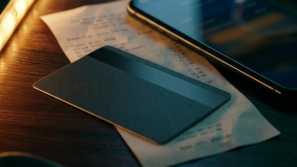 An unbranded bank card, paper receipt and smartphone under warm directional light