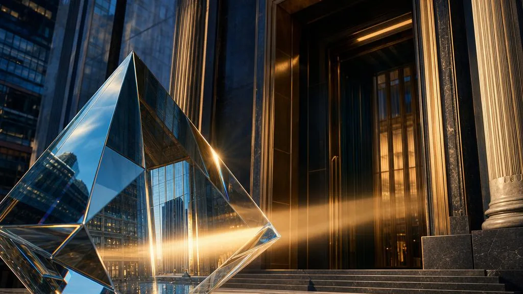 A faceted glass prism aligning reflections of a financial building in a beam of golden light