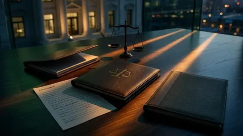 Three document folders arranged with brass scales and distinct amber paths on a dark table