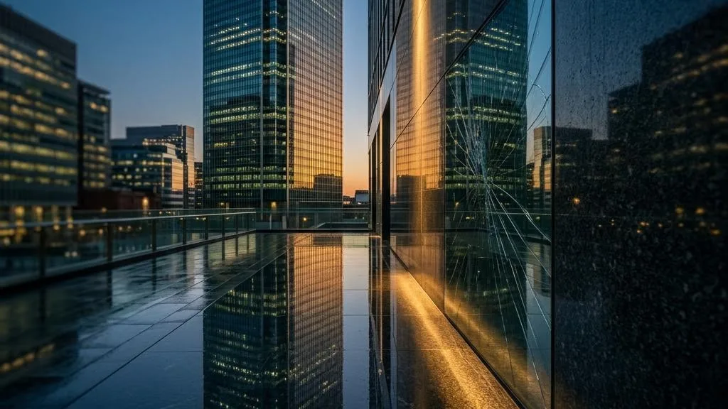 Matching glass towers with one distorted reflection revealed by amber light