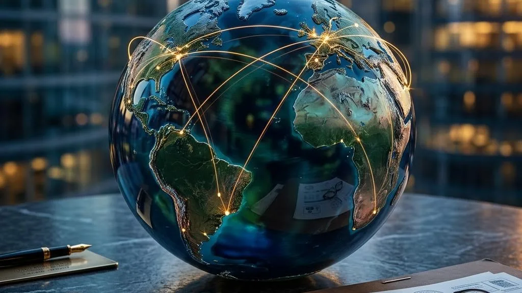 A glass globe with amber routes between continents beside an evidence folder