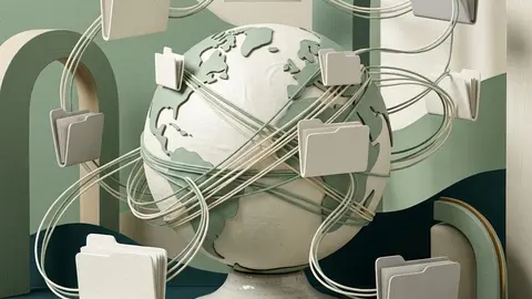 Paper routes cross a ceramic globe between small buildings