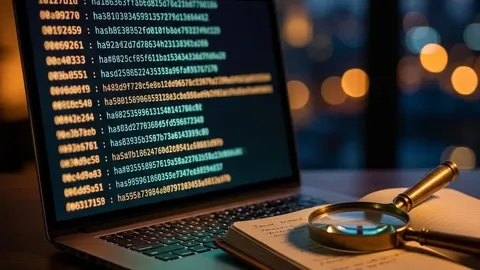 A laptop with an abstract transaction ledger beside an evidence notebook and magnifying glass