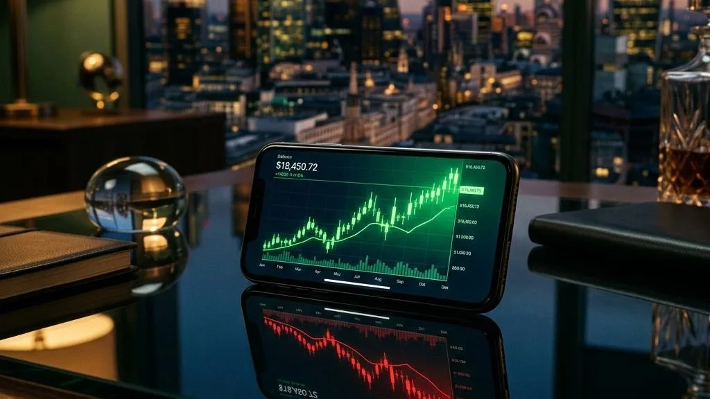 A rising chart on a phone reflected as a falling red chart on a dark desk