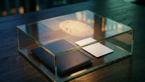 An unmarked passport and identity card beneath protective glass and a fingerprint light pattern