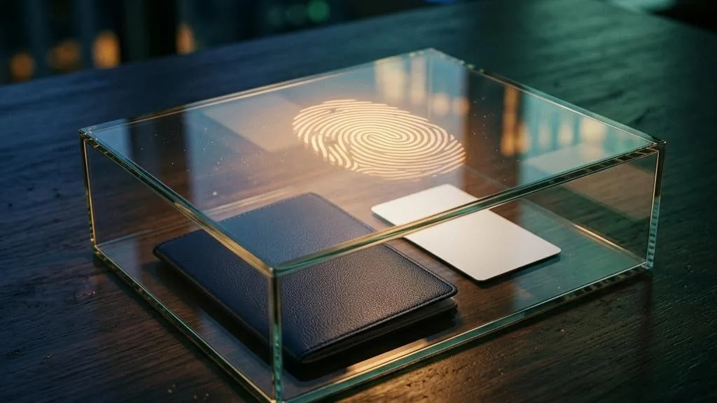 An unmarked passport and identity card beneath protective glass and a fingerprint light pattern