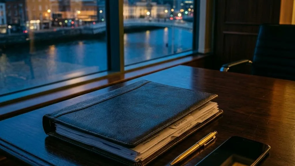 A complaint folder, pen and phone beside a window overlooking Dublin at blue hour