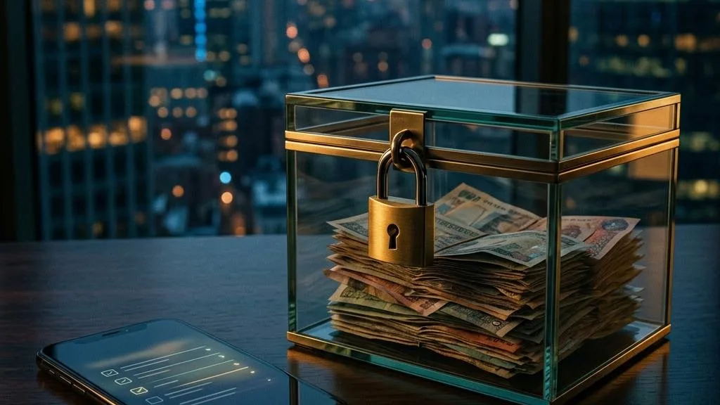 A task checklist on a phone beside a locked transparent cash box