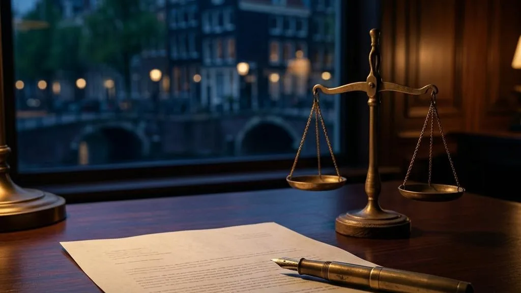 A complaint letter and brass scales with Dutch canal houses in the background