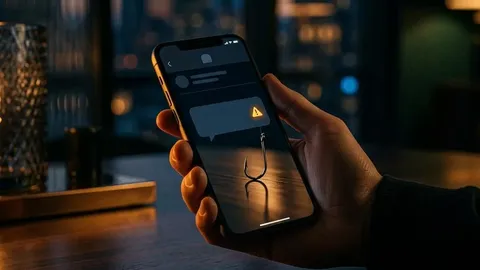 A phone with a message warning and a fishing hook reflected in the glass
