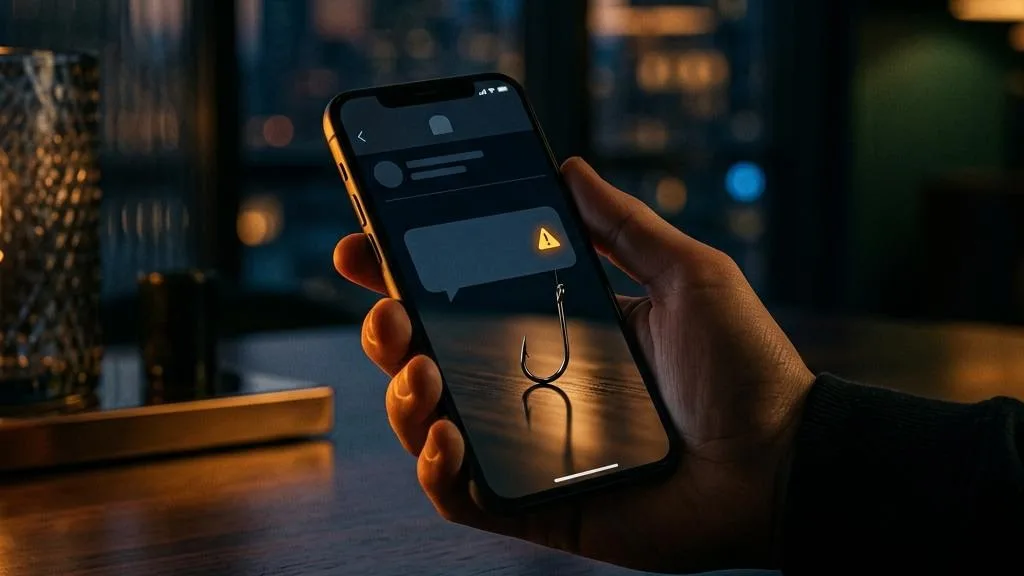 A phone with a message warning and a fishing hook reflected in the glass