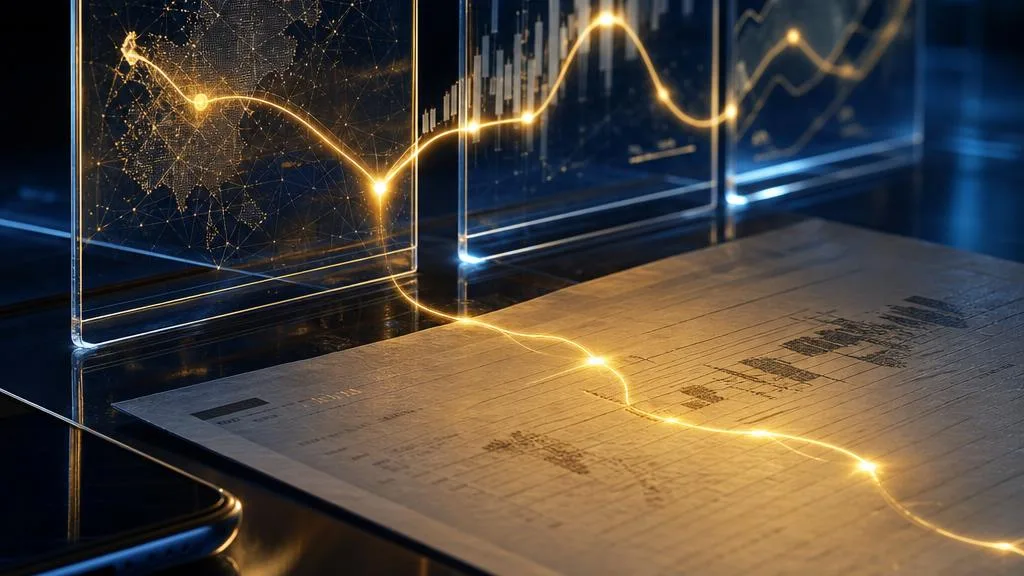 A luminous gold transaction trail connecting glass panels and a paper statement on a dark desk