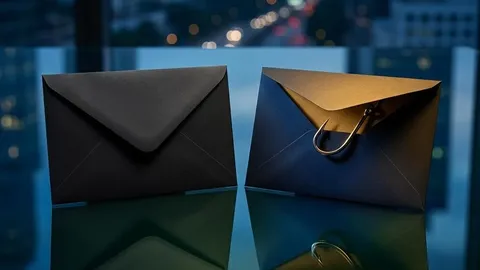 Two dark envelopes, one concealing a metallic hook revealed by warm light