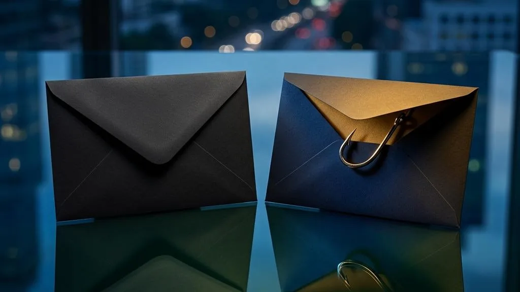 Two dark envelopes, one concealing a metallic hook revealed by warm light