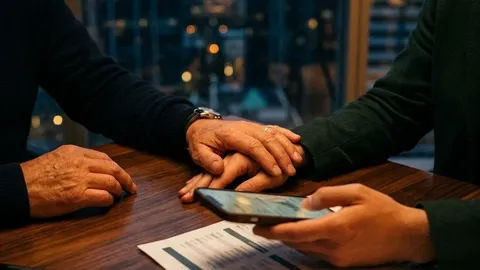 Two people offering support while reviewing a phone and documents at a table