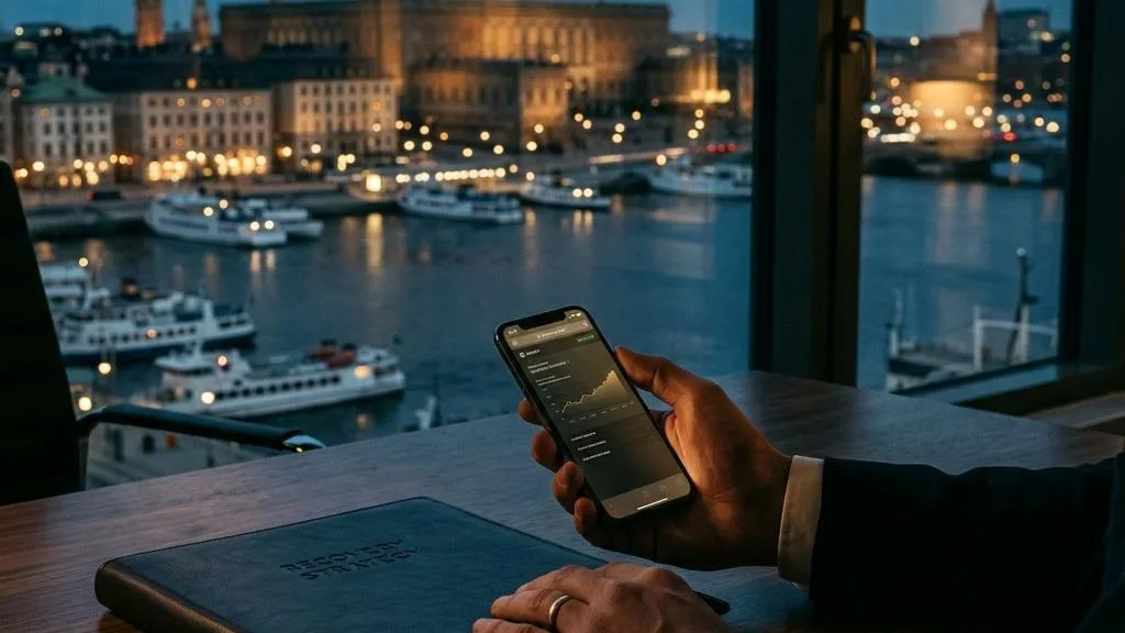 A phone and report folder overlooking the Stockholm waterfront at blue hour