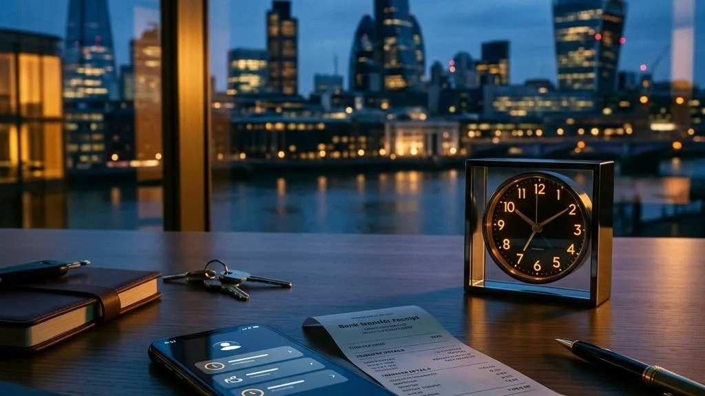 A phone, bank transfer receipt and clock against the London financial district