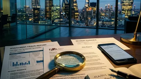 Organized evidence papers and a magnifying glass overlooking London financial buildings