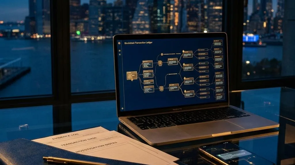 A laptop with an abstract blockchain record and evidence folder overlooking Manhattan