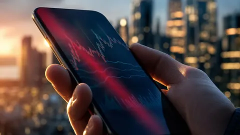 A hand holding a phone with abstract red market reflections against a city at dusk