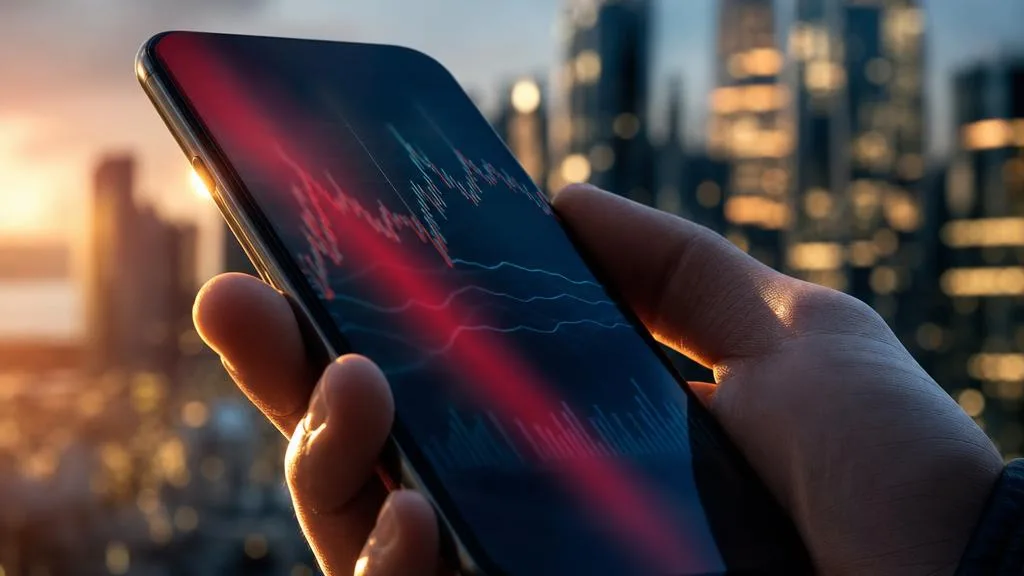 A hand holding a phone with abstract red market reflections against a city at dusk