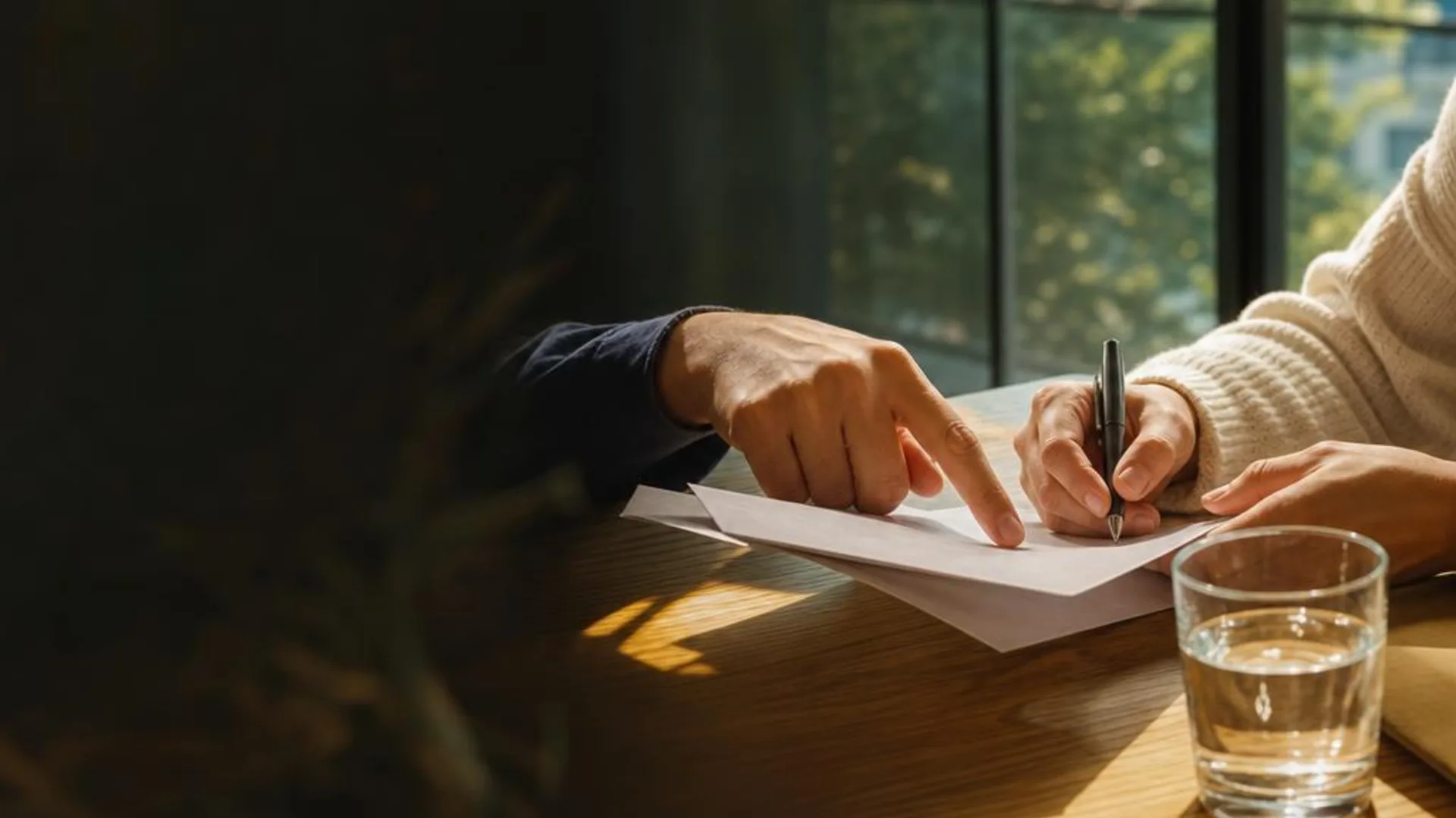 Hands reviewing papers at a sunlit table. Illustrative AI-generated image, not real people.